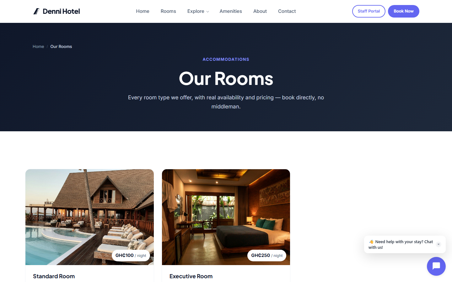 Hospitality theme rooms grid with real room photos