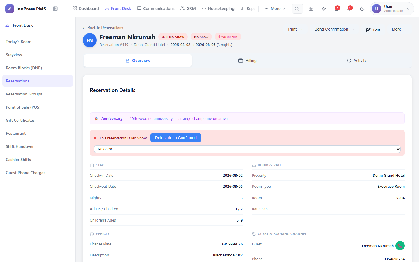 Registration card and invoice document preview